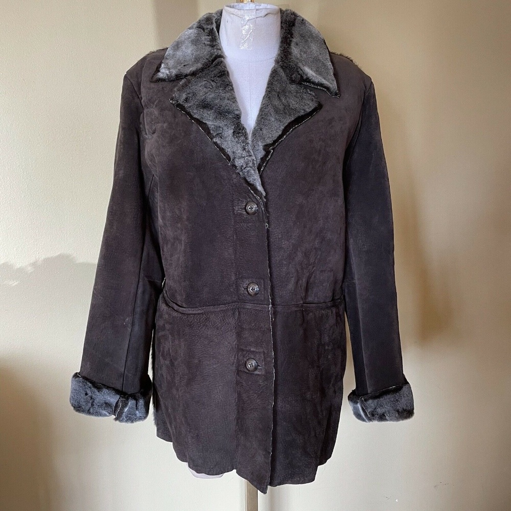 Free Tech Brown Suede Leather Faux Fur Collar & Lined Winter Mid Length Coat